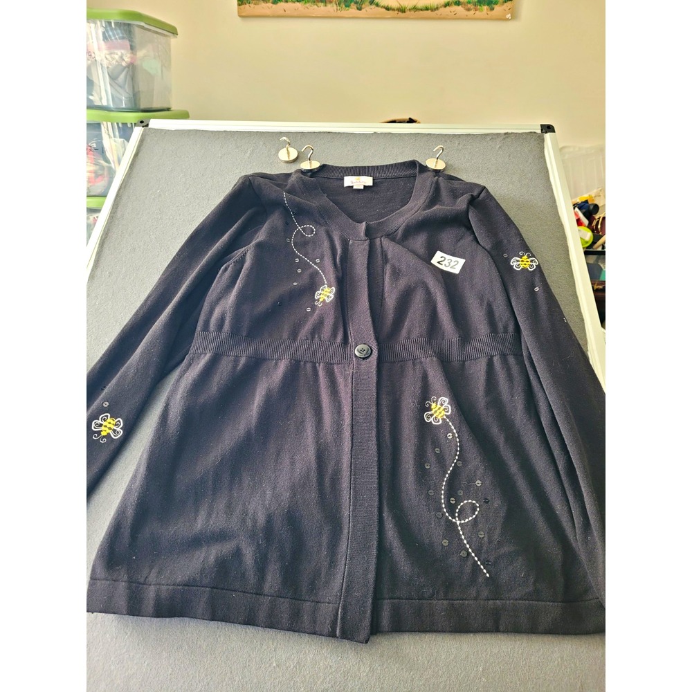 Quacker Factory Womens XL Navy Striped V-Neck Full Zip Bee Sequin Cardigan